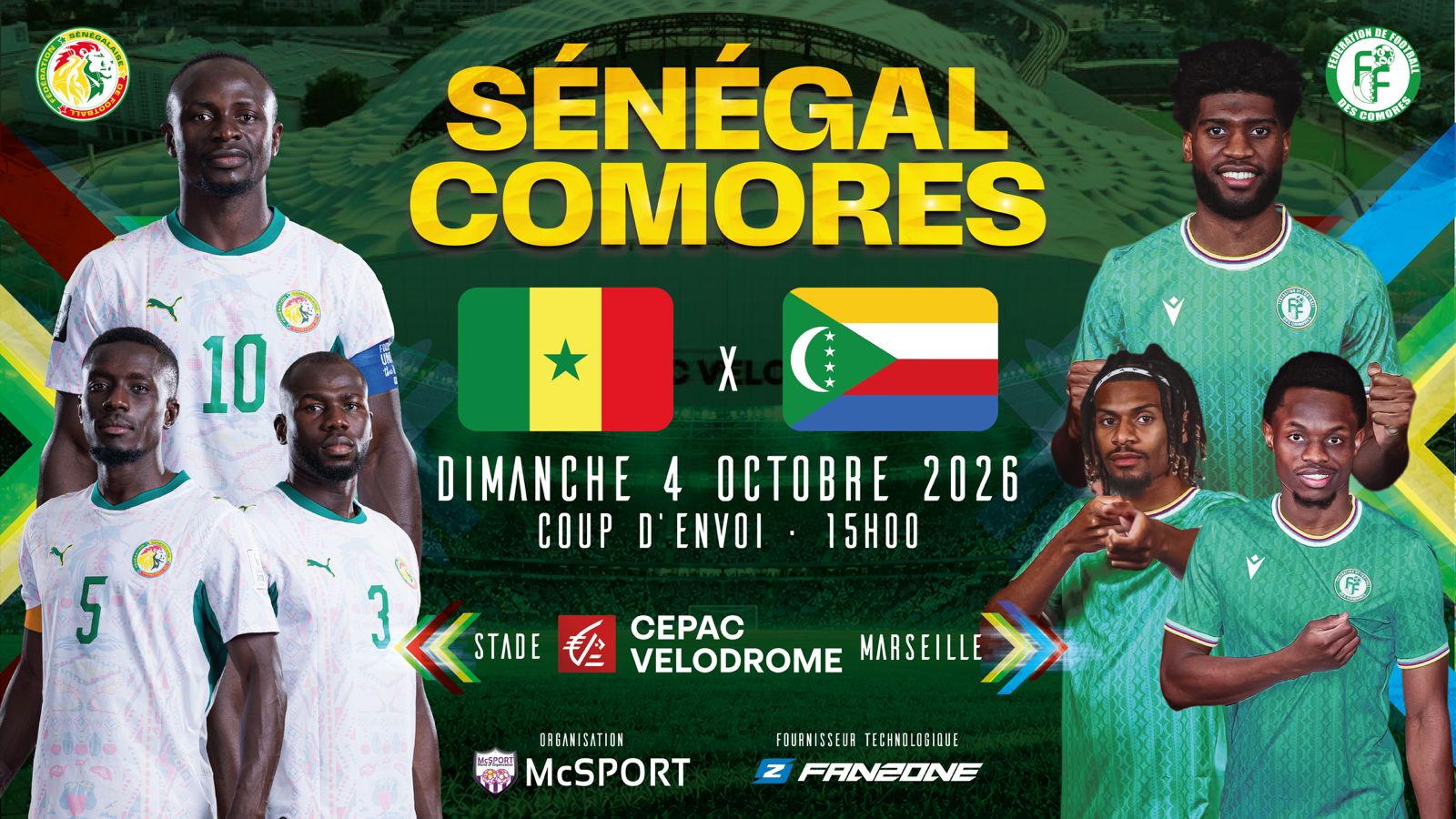 Affiche Sénégal — Comores avec les joueurs, le Stade CEPAC Vélodrome et les drapeaux des deux pays